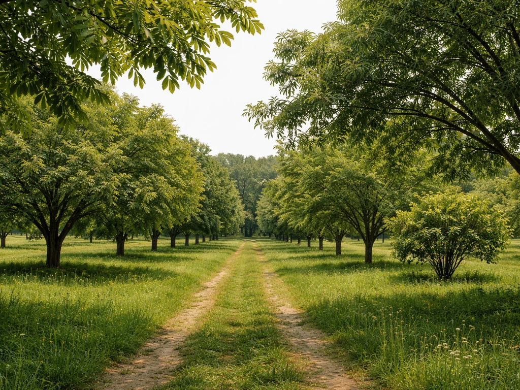 Minimal view of a quiet Virginia nut orchard with walnut, chestnut, pecan, and hazelnut trees in rows.