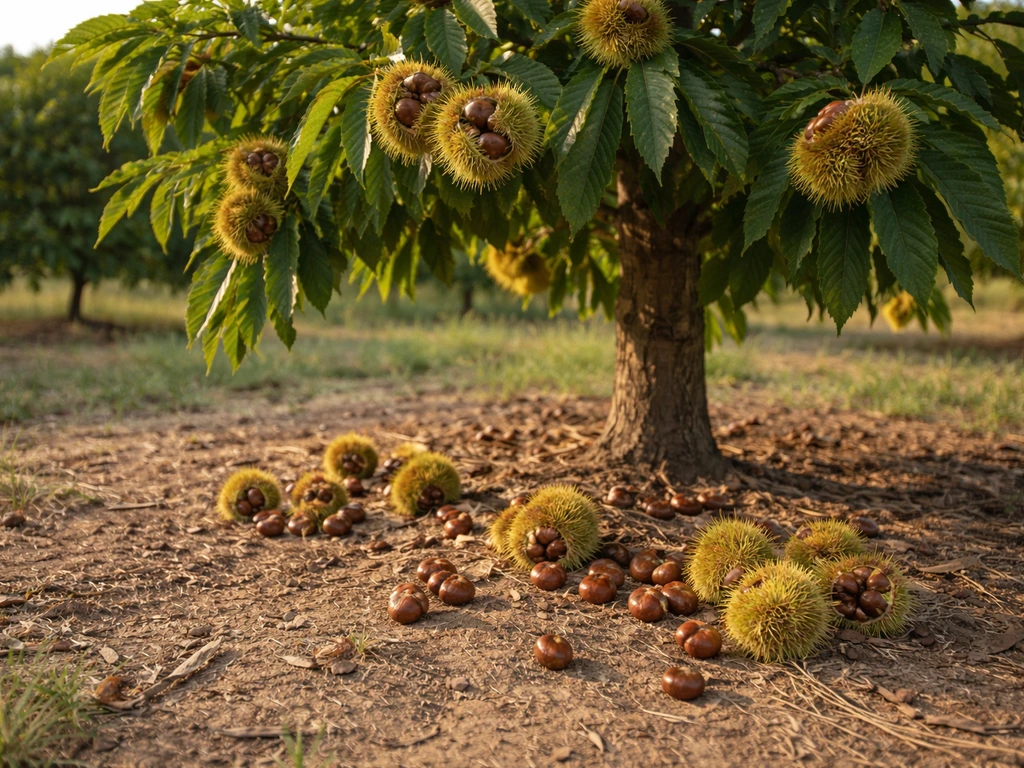 Close view of burrs and fallen Chinese chestnuts beneath a small orchard tree.
