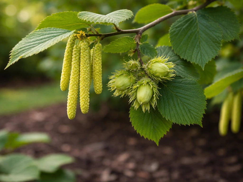 Hazelnut/filbert shrub branch with catkins and small developing nuts in green burrs