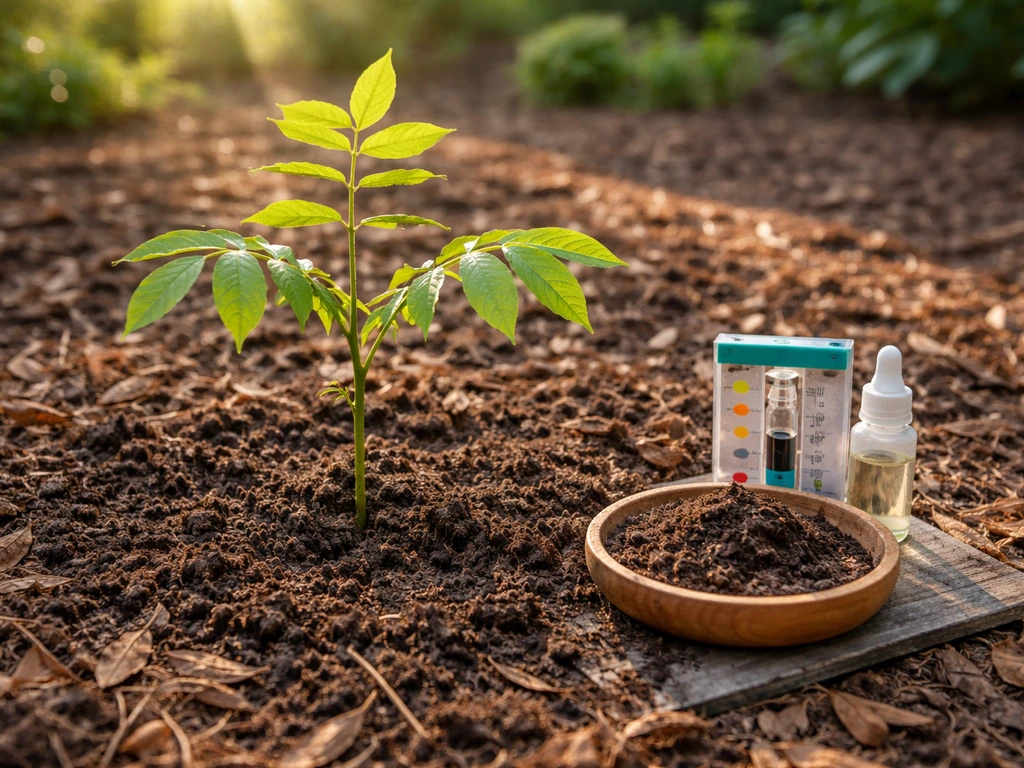 Young black walnut sapling beside a soil pH test kit and loam sample in a sunny garden bed