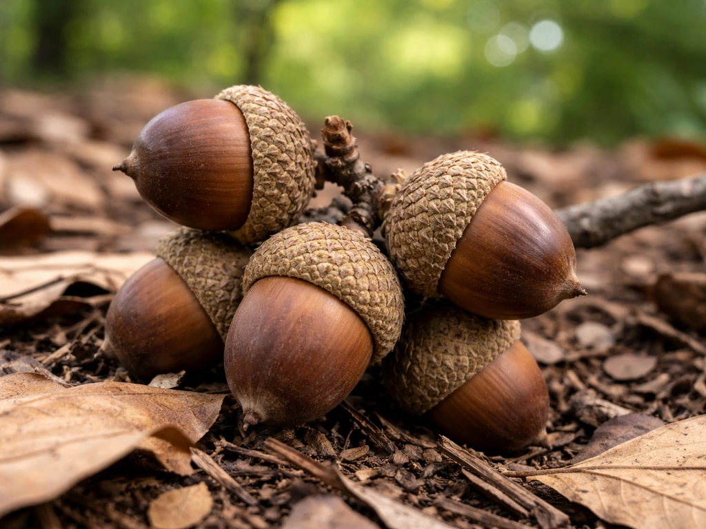 Close-up of acorns on an oak branch, showing the cupule and textured shell in natural light.