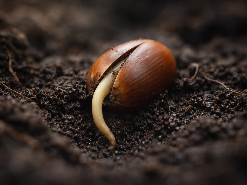 Close-up of an acorn splitting in moist soil with a radicle/root emerging downward.