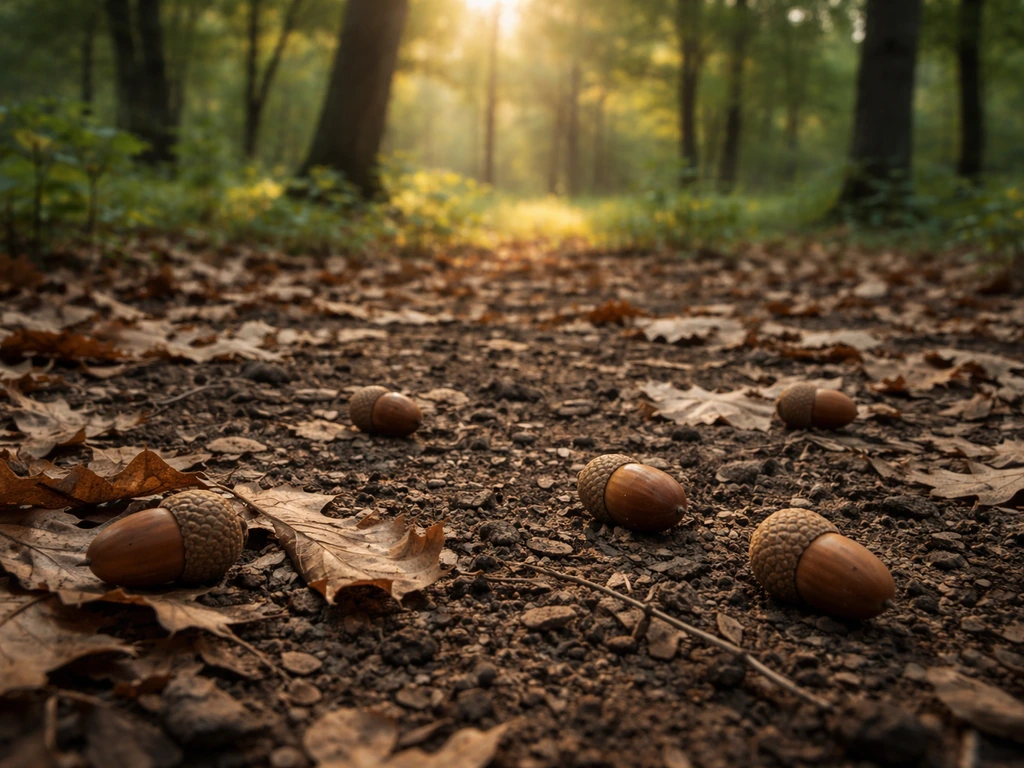 Oak woodland forest floor with leaf litter, damp soil, scattered acorns, and oak trees in soft background.