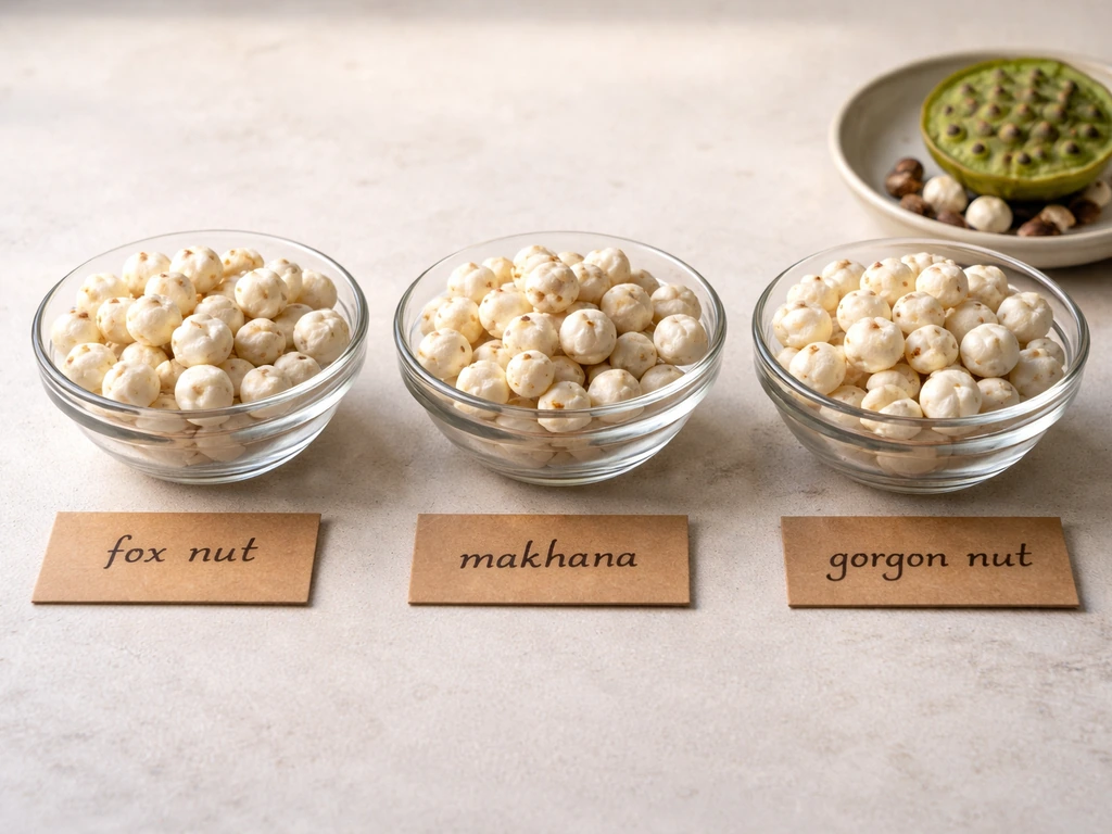 Three glass bowls of puffed fox nut/makhana-style snacks with Euryale ferox seed kernels on a simple table.