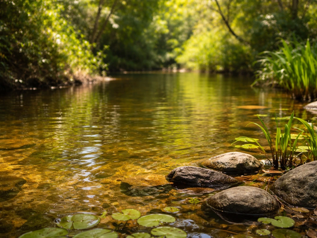 Sunlit warm pond with aquatic plants at the edges, lush greenery in soft blur, no people or text.