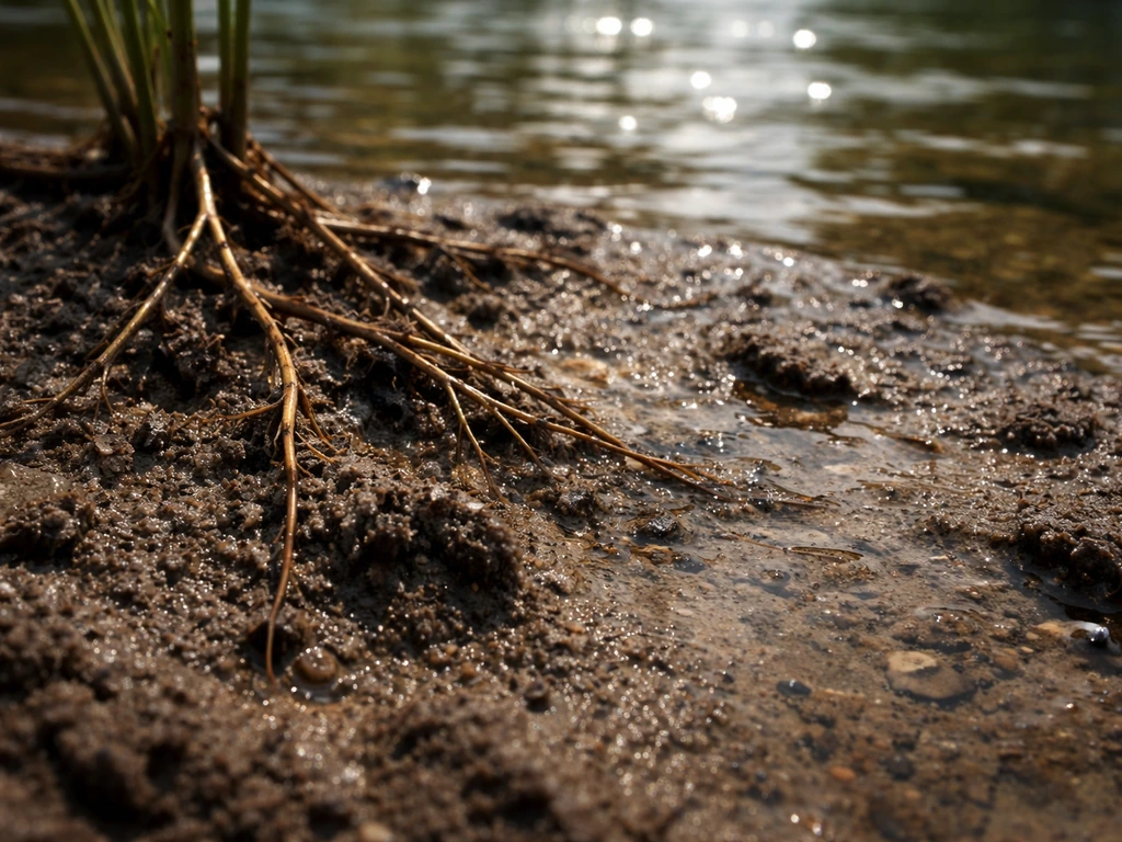 Close-up of silty muddy pond sediment with embedded aquatic roots and bright sunlit pond surface reflections.