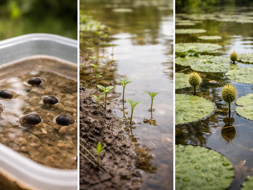 Stages of fox nuts growth: warm water tray seeds, pond seedlings in mud, mature floating leaves and pods