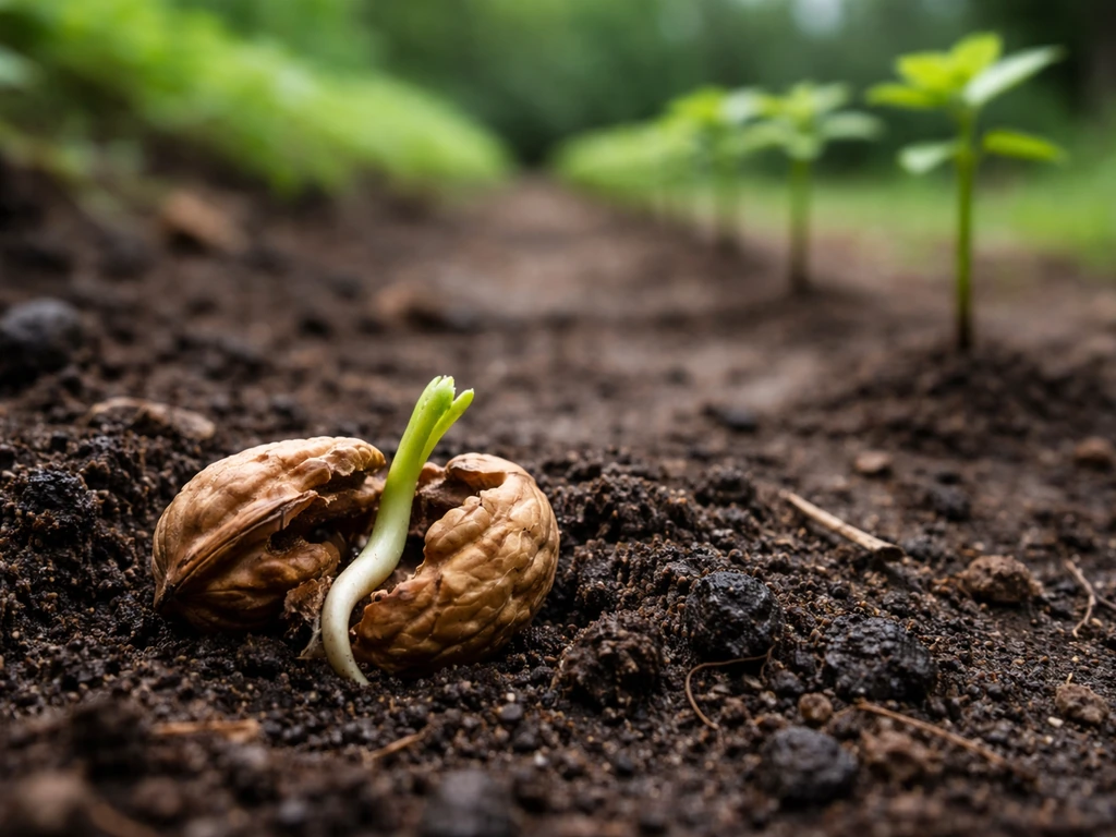 Walnut splitting in soil with a tiny green shoot growing toward a sparse sapling pathway.