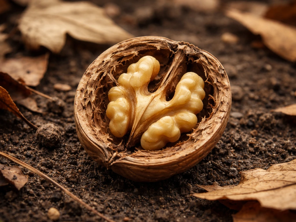 Close-up autumn walnut on soil with its interior embryo area visible, surrounded by dry leaves.