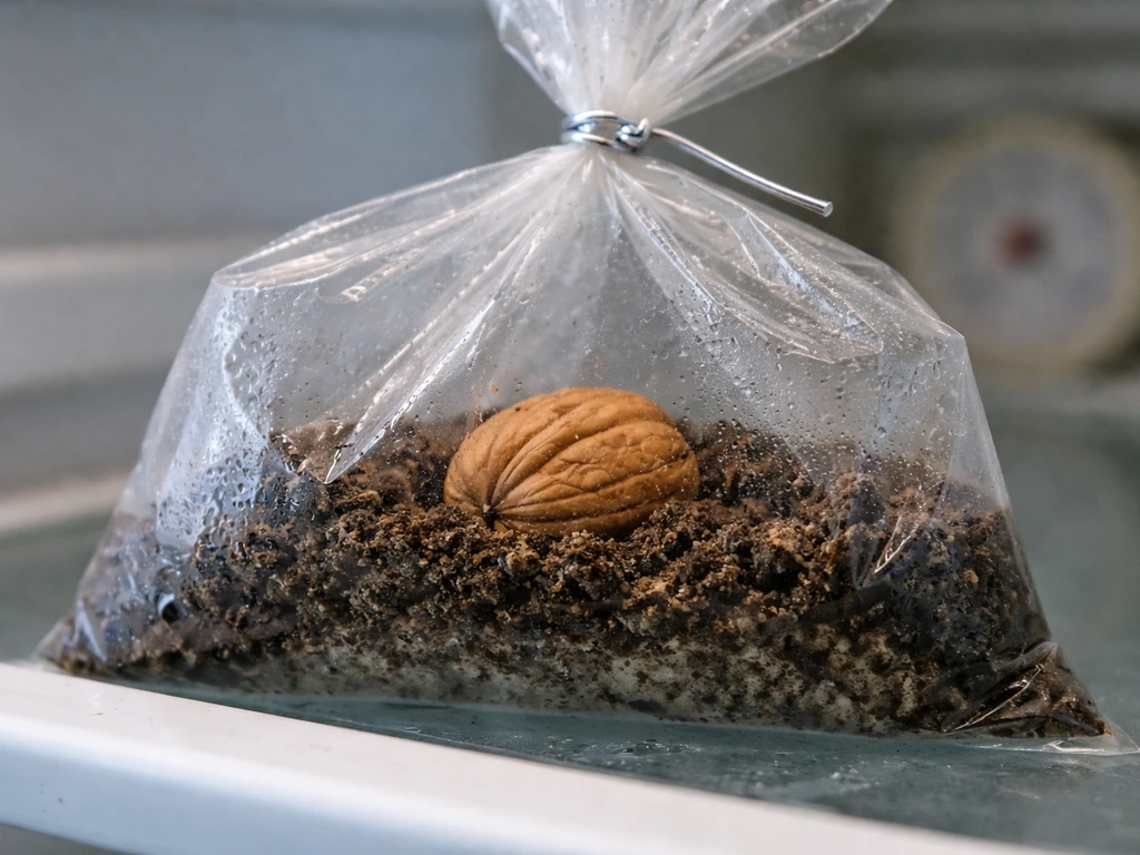 Clear plastic bag with a walnut in damp peat/sand mix, showing condensation for cold stratification.