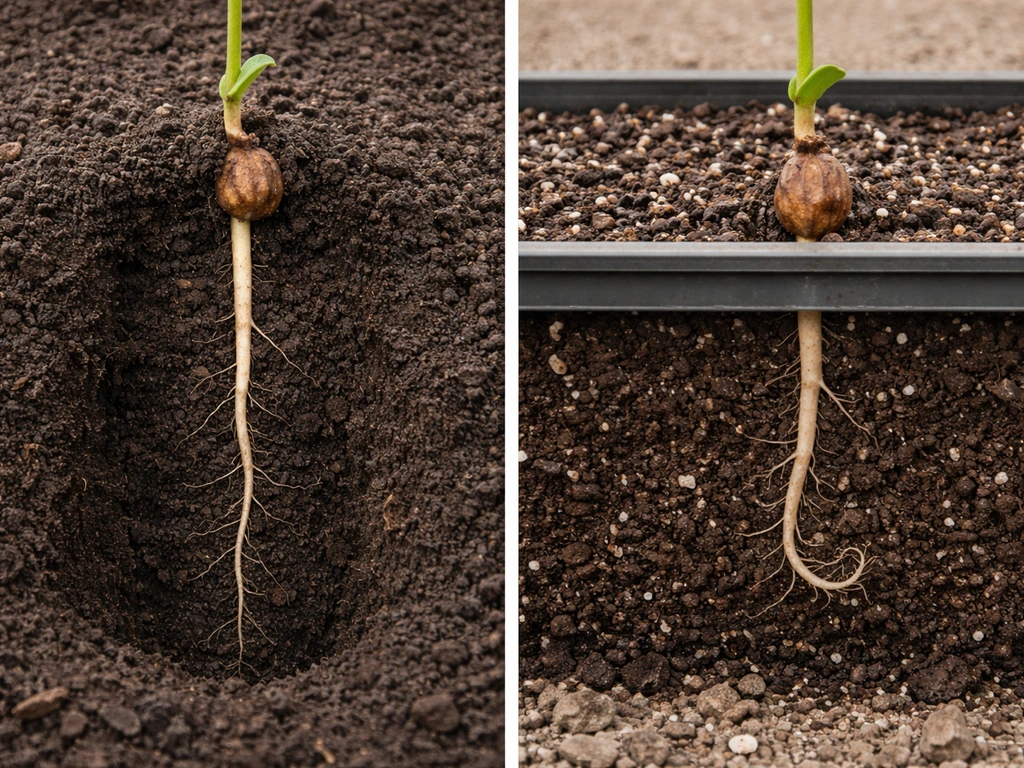 Split view: walnut taproot grows straight in-ground, but curls when constrained in a shallow container.