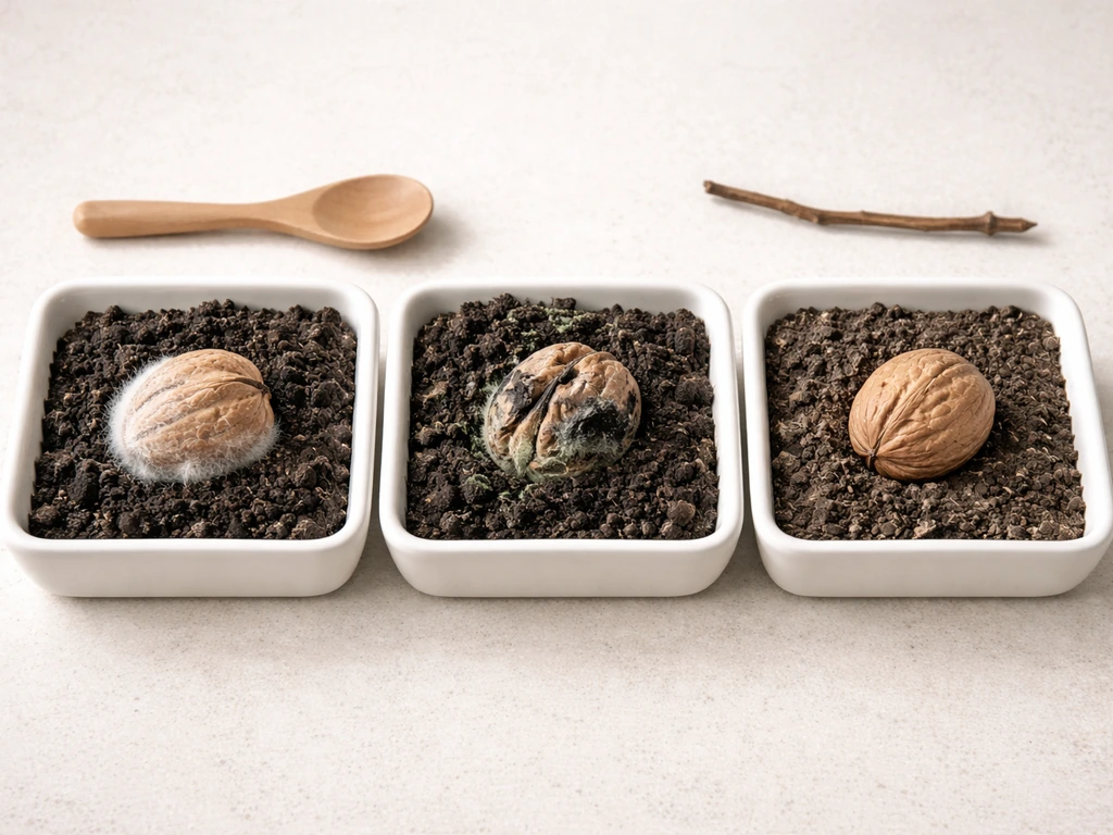 Three small walnut halves in separate soil trays showing failed sprouts: moldy, damaged, and dry