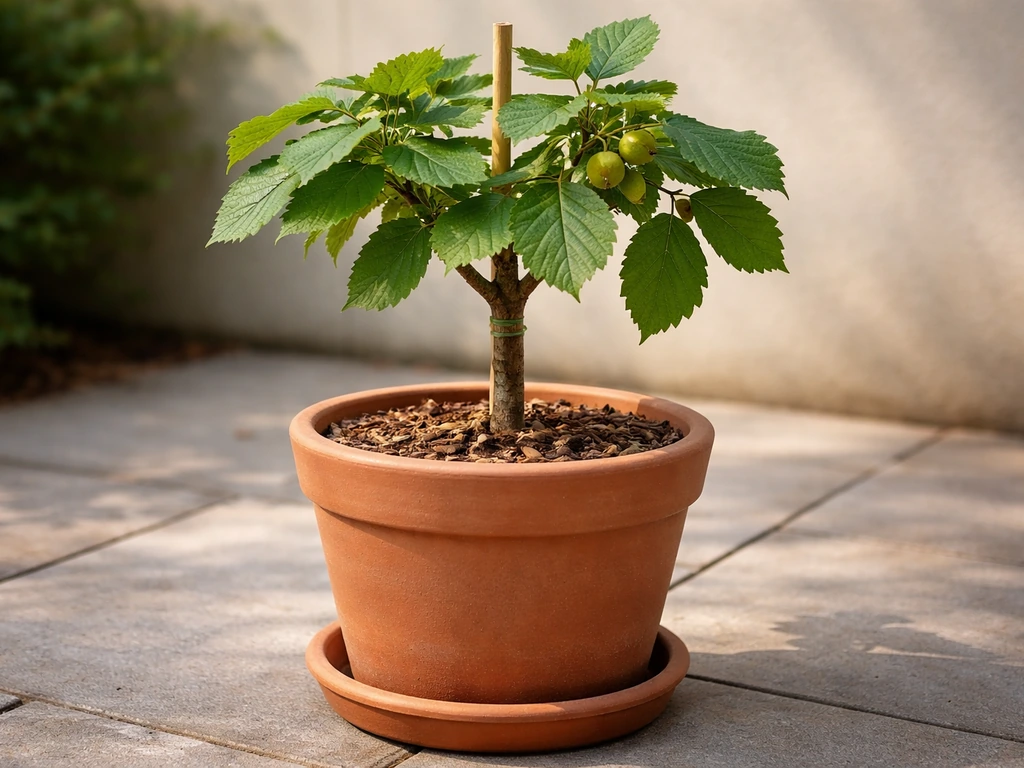 Compact nut tree in a terracotta pot on a patio with a visible drainage saucer.