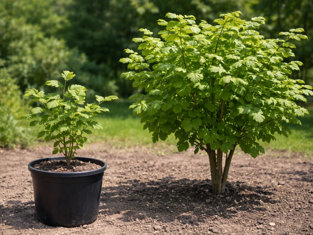 Hazelnut in a large 15-gallon pot beside a much larger in-ground hazelnut tree, showing scale.