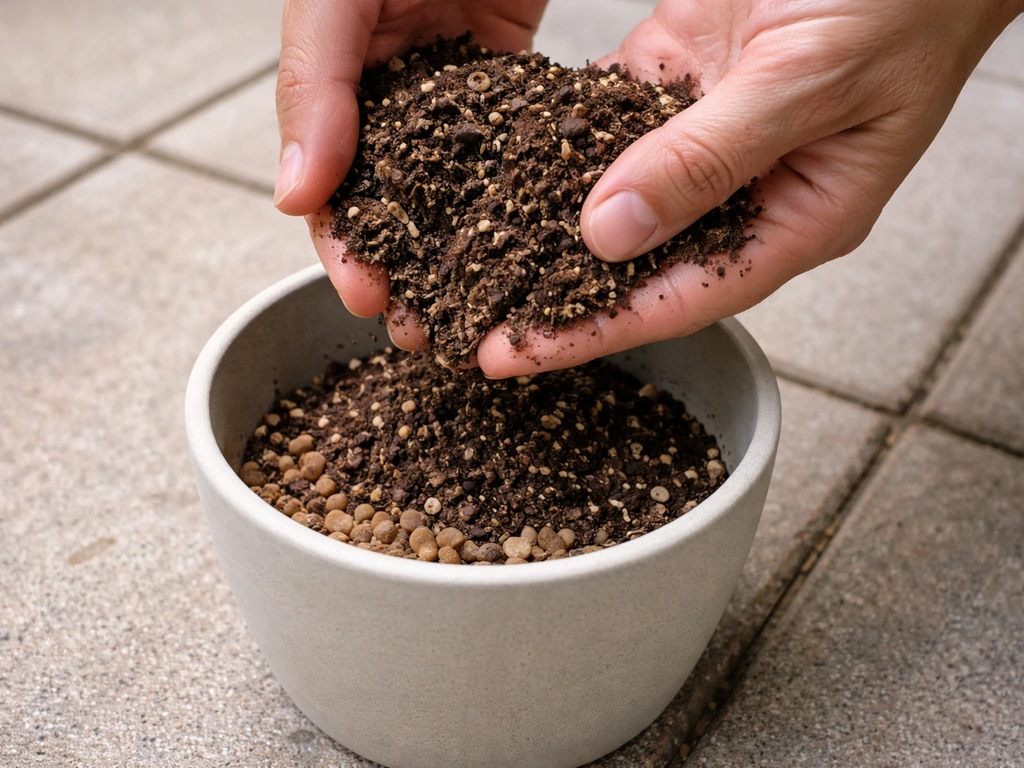 Close-up of potting mix being poured into a small container with drainage layer, showing airy texture.
