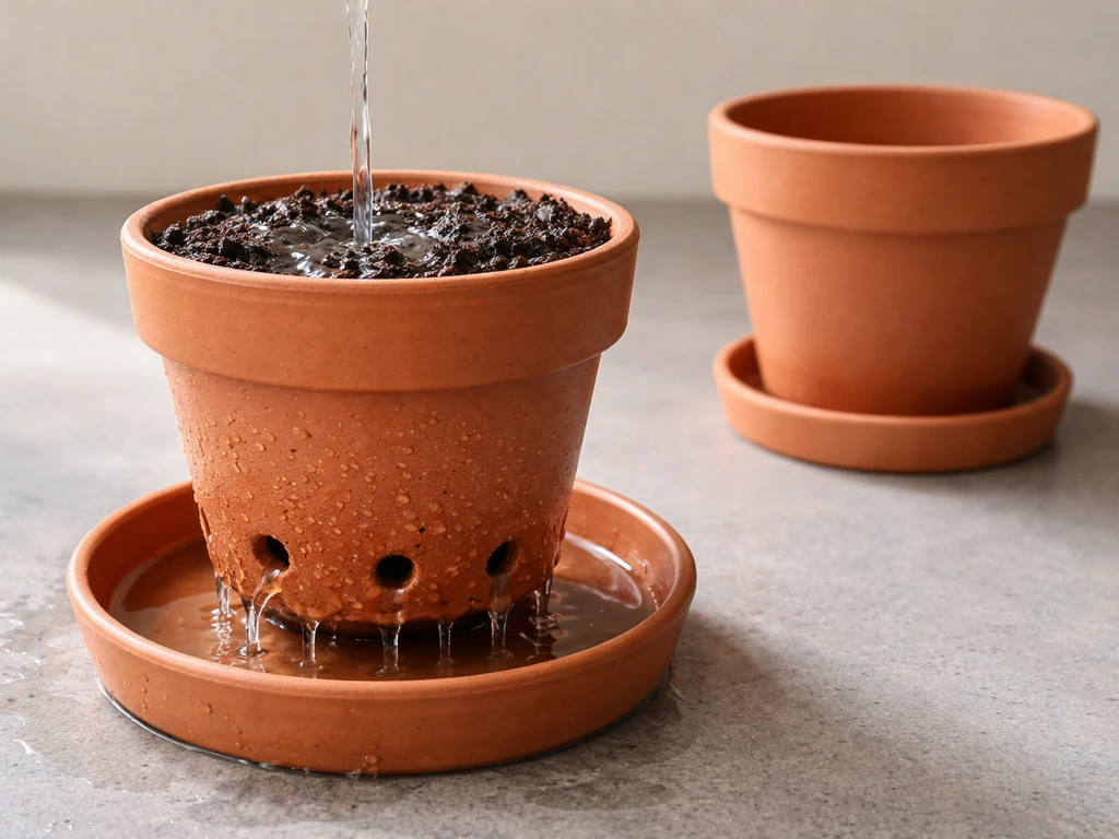 Potted plant with water pouring through drainage holes and excess draining out into a catch tray.