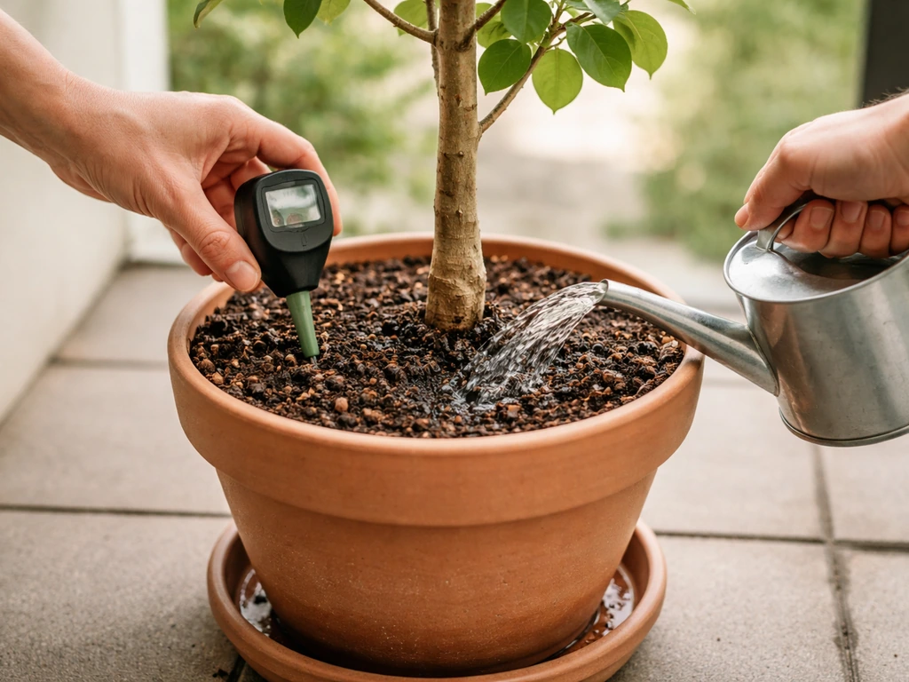 Hand watering a potted nut tree; finger-check and moisture gauge near the soil in a simple patio.