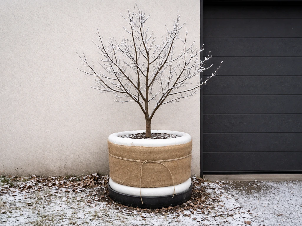 A potted nut tree wrapped for winter insulation, placed against a protected wall in cold conditions.