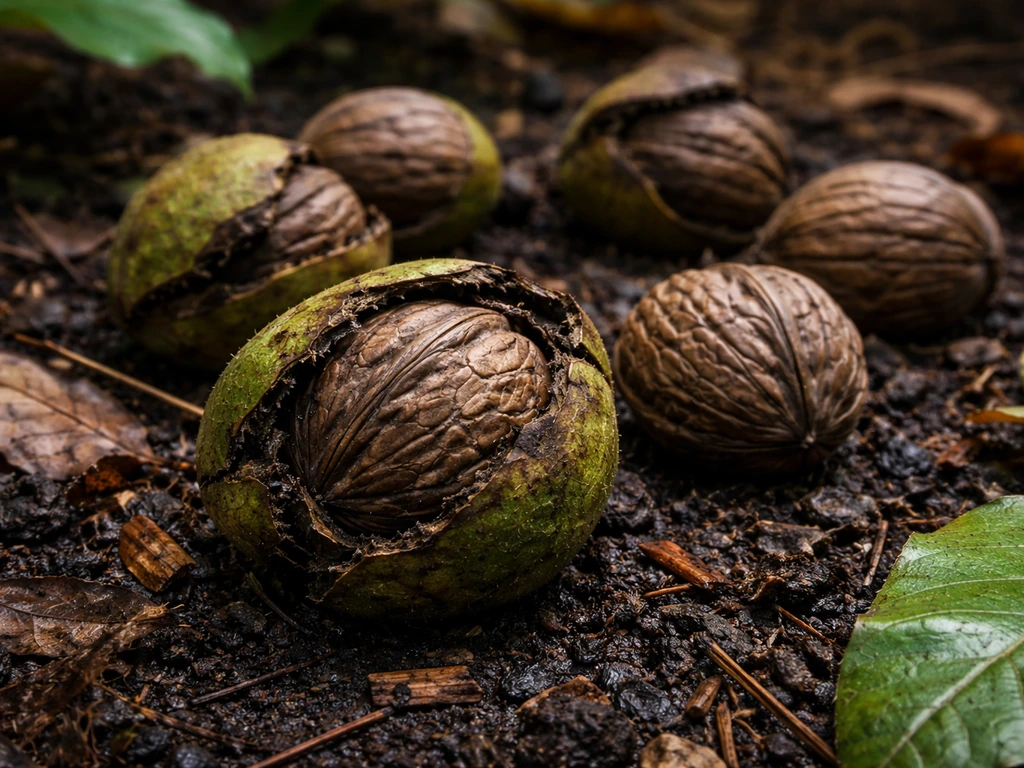 Close-up of black walnut nuts in open husks on moist forest ground, showing textured shells and fallen nuts.