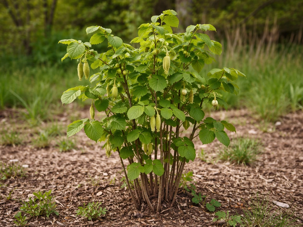 Close-up of an American hazelnut shrub in Ohio with catkins and small developing nuts.