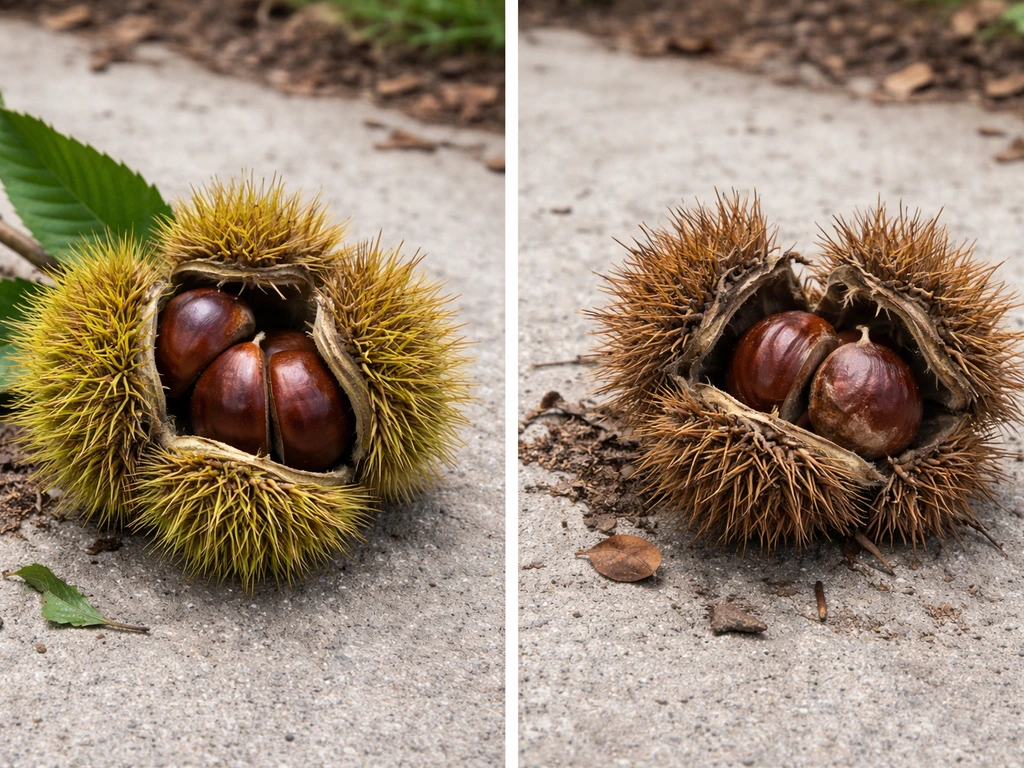 Healthy Chinese chestnut burr cluster next to a damaged, inferior-looking burr cluster for contrast.