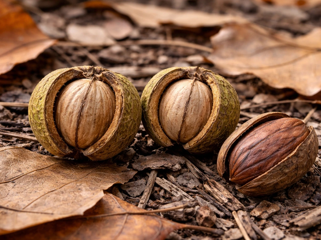 Close-up of shagbark hickory nuts in husks on leaves, with one pecan nut for contrast.