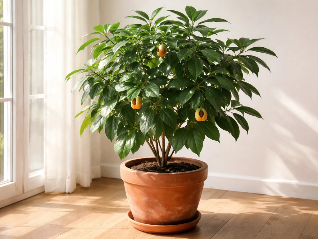 Potted nutmeg plant in a large terracotta container near bright windows indoors