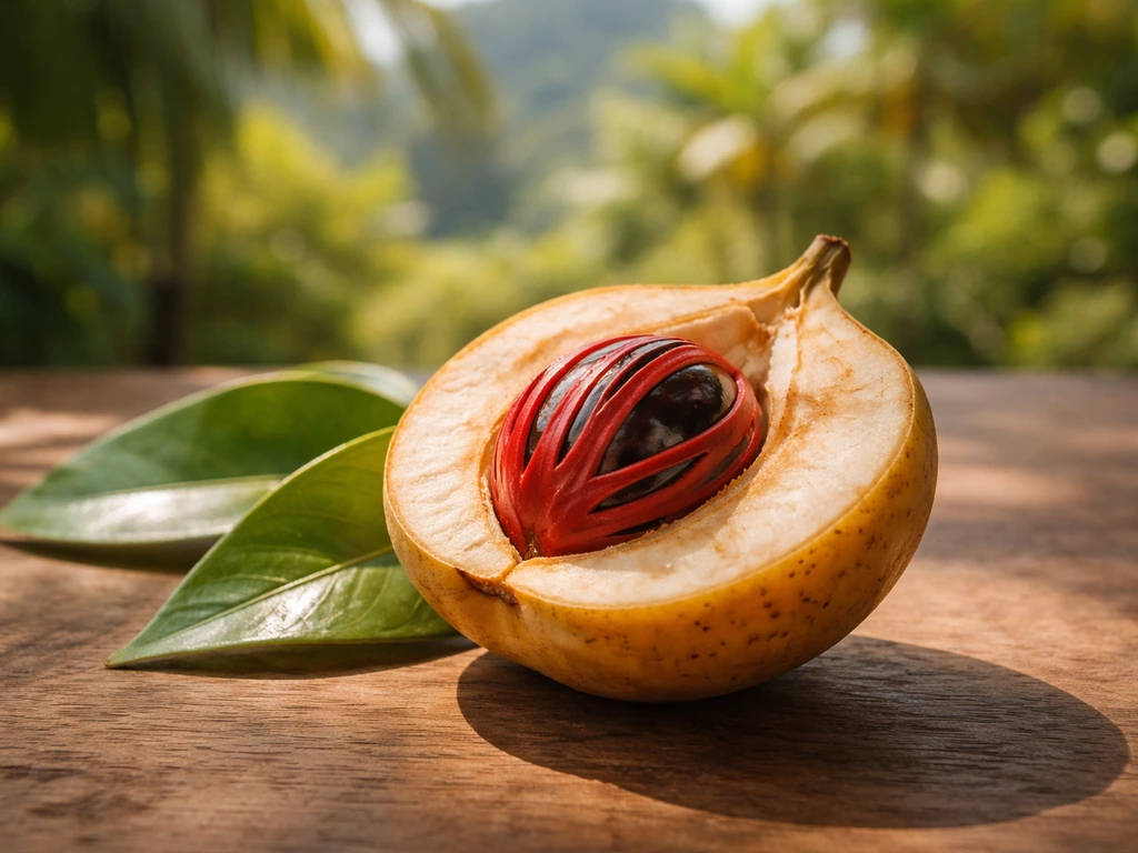Close-up of nutmeg fruit seed aril on a natural tropical table with soft island orchard mood in background.