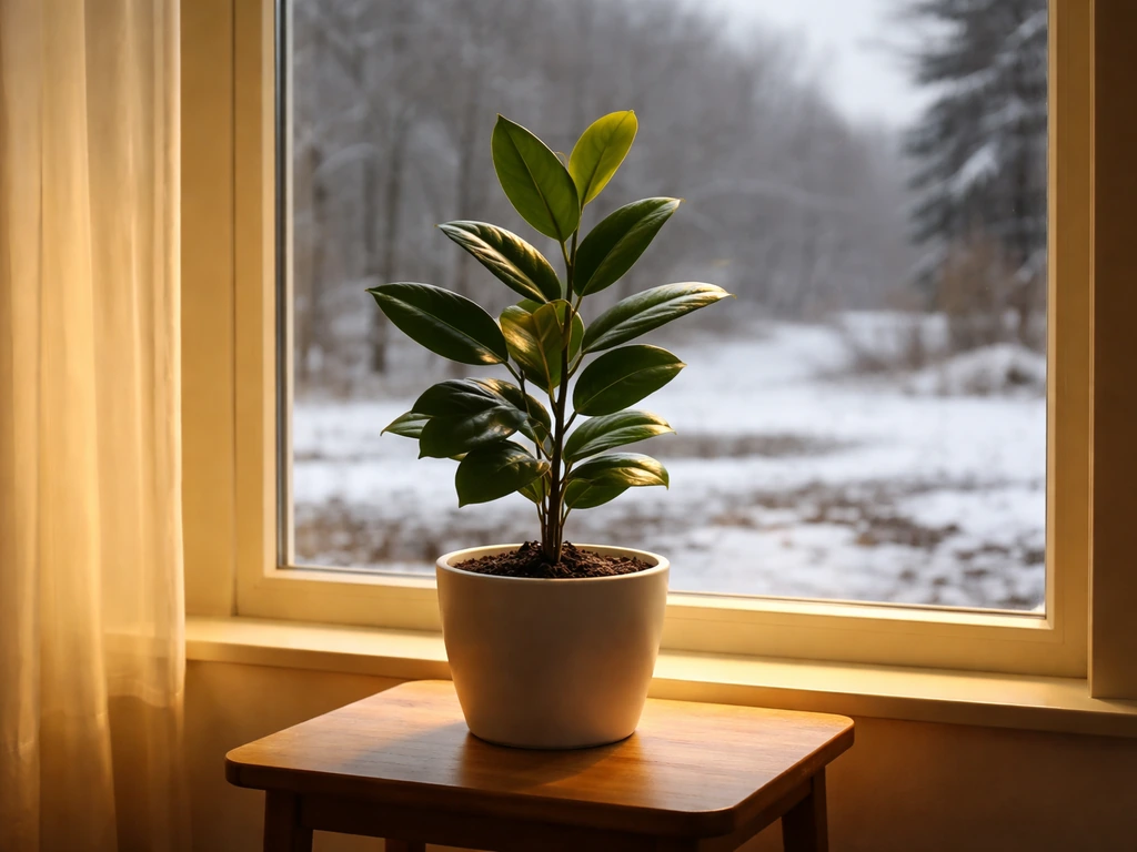 Potted tropical nutmeg plant indoors while snow and ice cover the window outside