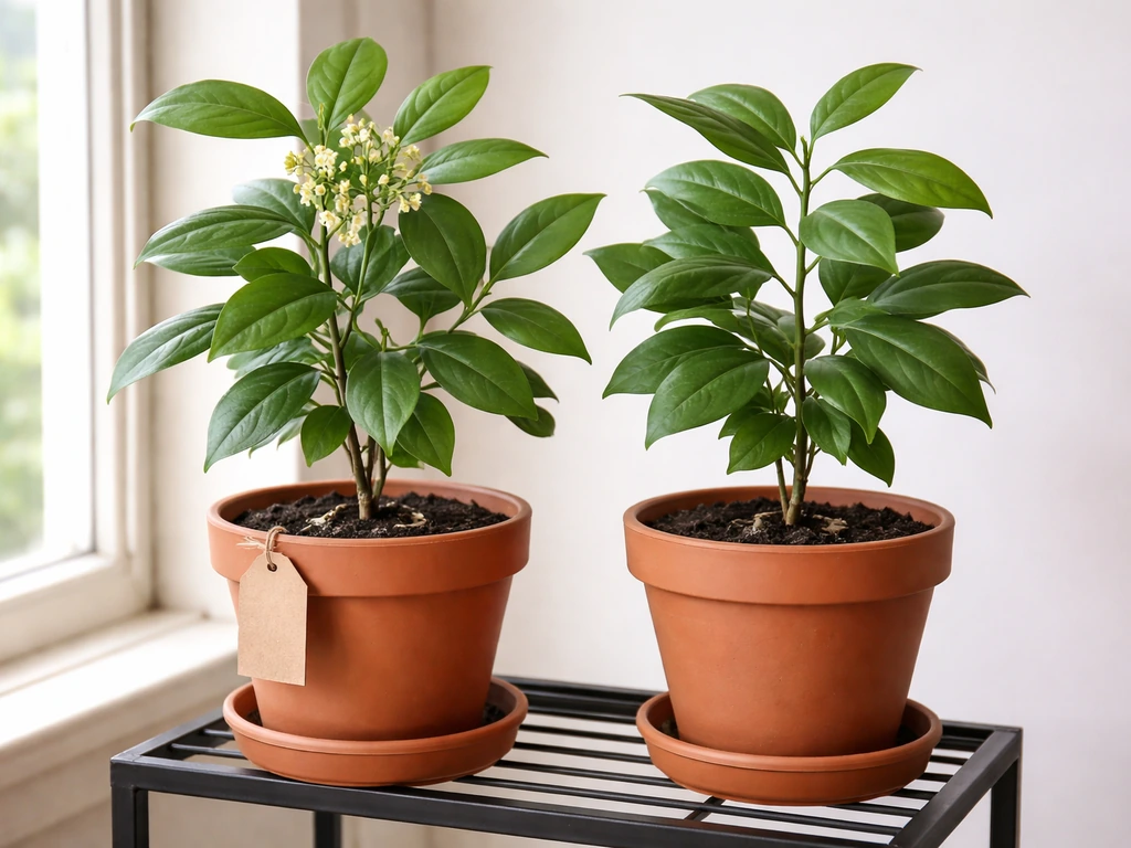 Two indoor nutmeg plants in terracotta pots by a window, one flowering, suggesting male vs female trees.