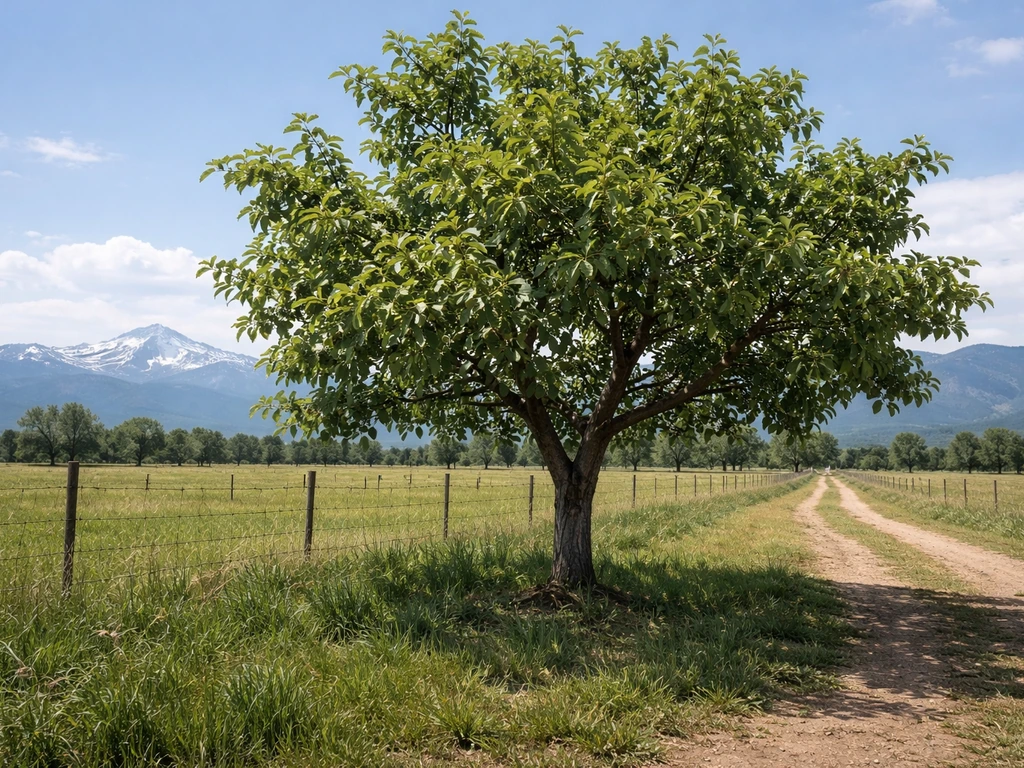 Hardy nut tree in a Colorado orchard with distant Rocky Mountains under bright sunlight.