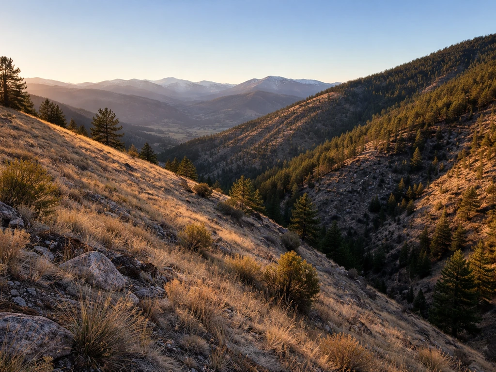 Colorado Front Range mountains with a sunlit slope and a shaded ravine showing varied microclimates.