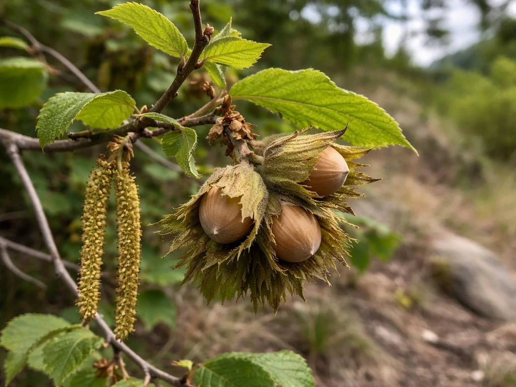 Close-up of hazelnuts on a branch with husks and catkins in natural outdoor light.
