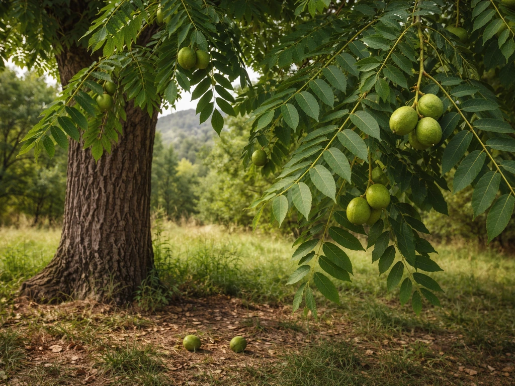 Black walnut tree with compound leaves and small green walnut fruits on branches in a Colorado-like setting.