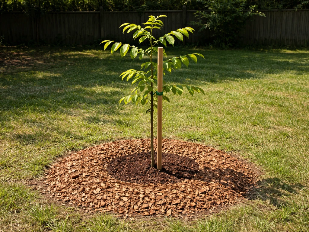 Freshly planted nut tree sapling in a mulched sunny spot, with open space and direct sunlight.