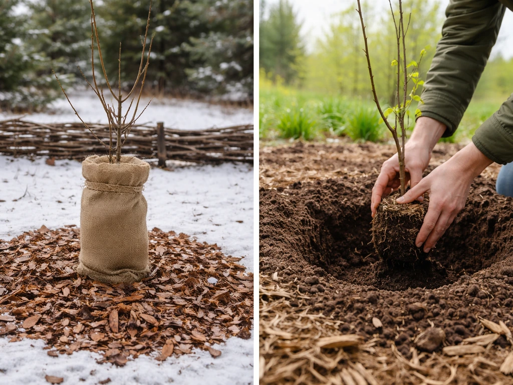 Young nut tree in Colorado winter with mulch and wind protection, contrasted with spring planting moment.