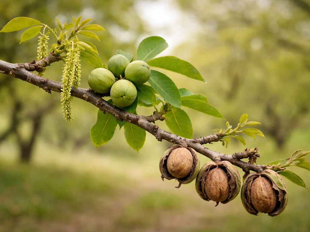 Nut tree branch showing early blossoms, forming nuts, and mature harvest-ready shells in one frame