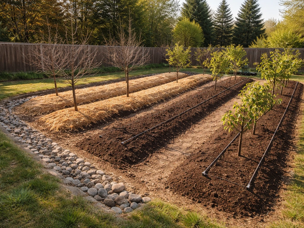 Minimal backyard orchard plot with four labeled-free zones showing mulch, irrigation line, and drainage swales