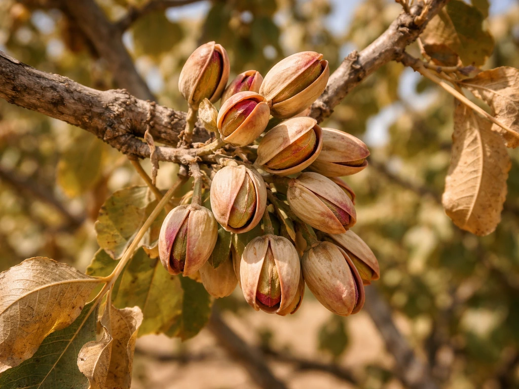 Close-up of pistachios on a branch with hull split and filled kernels in hot, dry late-summer light