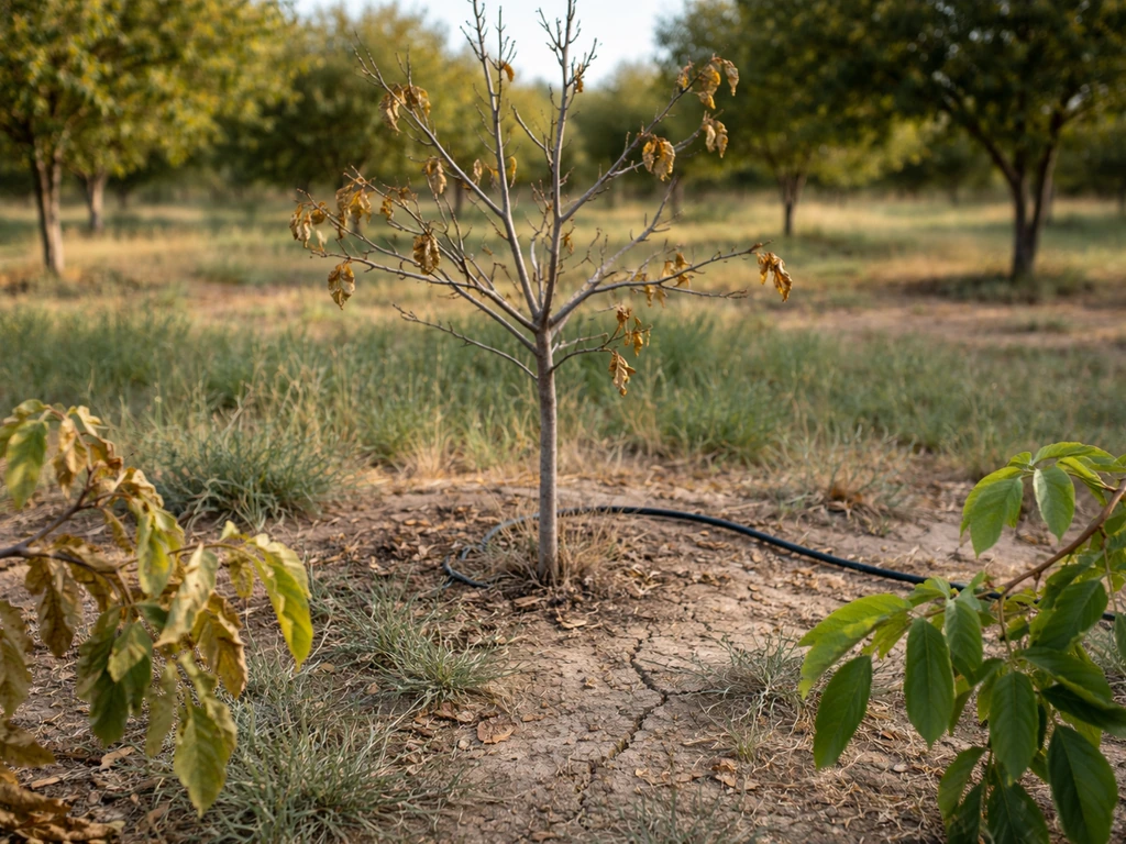 Close view of an underperforming nut tree with dry leaves and a small orchard background, hinting at fixing issues