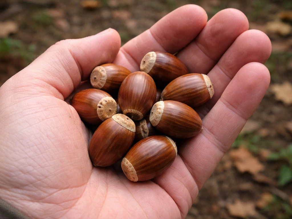 Hand holding a small pile of fresh, mature acorns with caps removed, natural autumn light