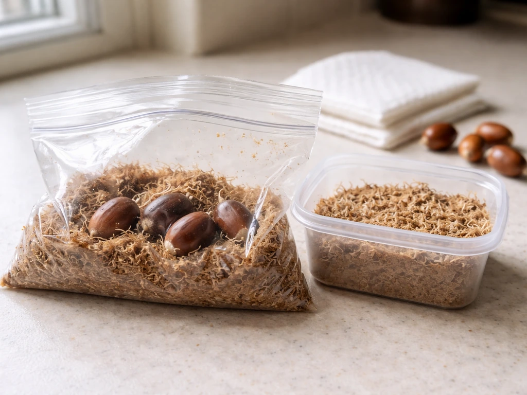 Close-up of acorns in a clear damp zip bag and storage container on a counter for stratification.