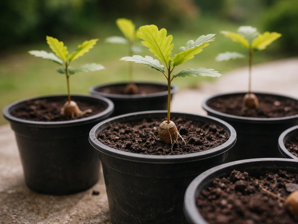 Small oak seedlings in individual pots, roots visible, ready for transplant