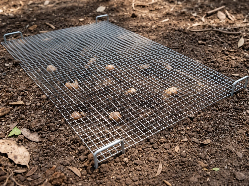 Hardware cloth screen staked over a direct-sown acorn patch in a garden bed.