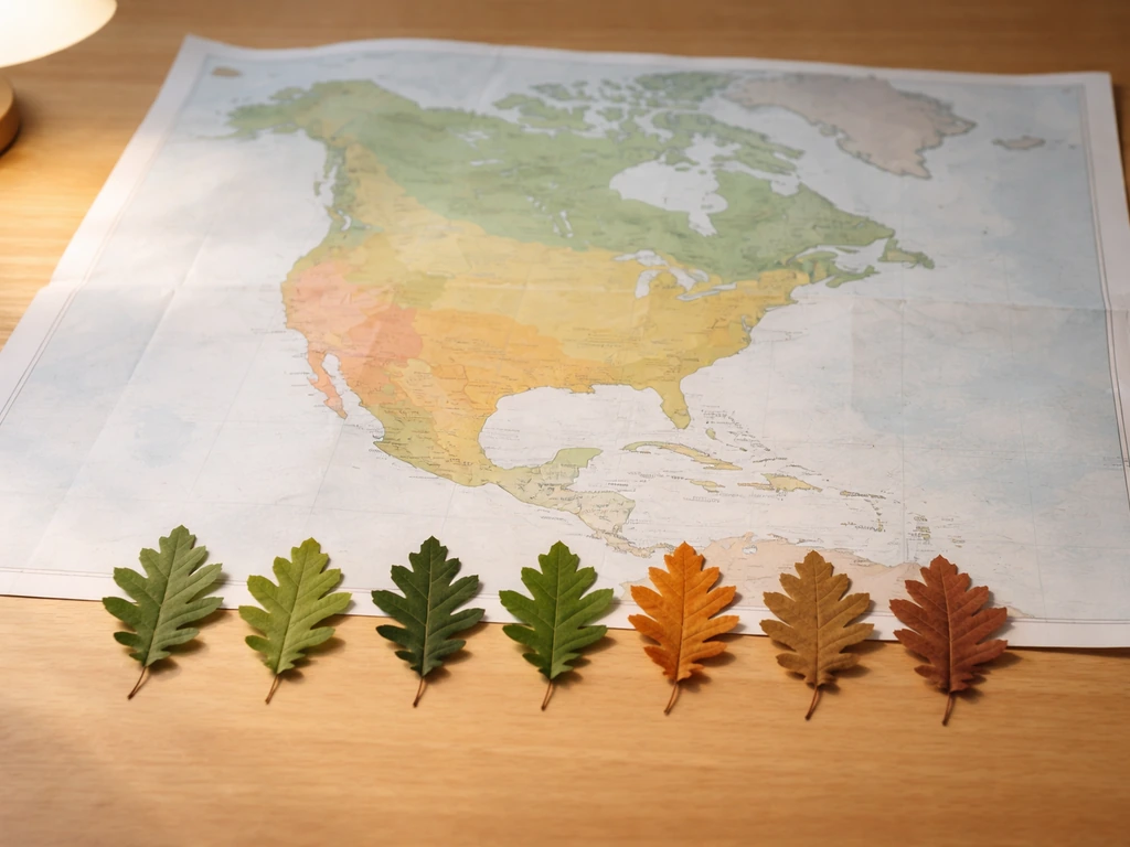 Minimal photo of a study desk with a North America map, zone-style highlights, and oak leaf silhouettes