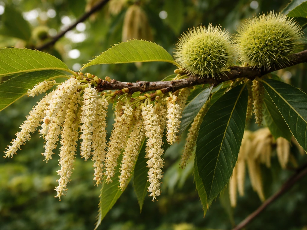 Close-up of a chestnut branch showing catkins and developing burrs on the tree