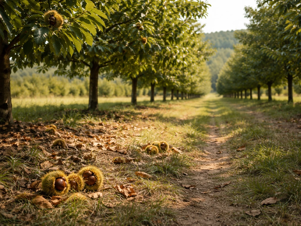 Sunlit chestnut grove with chestnut trees and fallen nuts on the ground