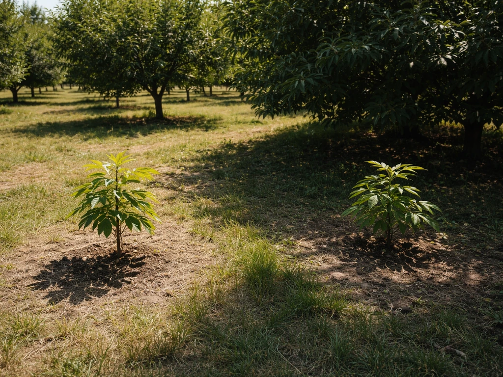 Sunlit chestnut sapling in open light vs a shaded spot with less direct sunlight in an orchard