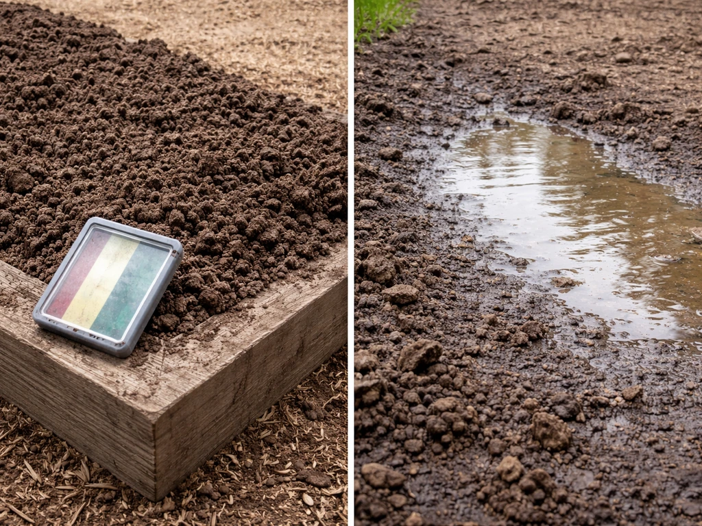 Raised bed soil vs low pooled water with a non-branded pH test kit on the bed edge.