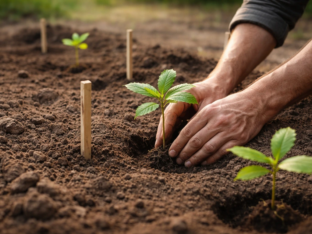Hand placing small young chestnut saplings beside garden soil in a tidy backyard bed